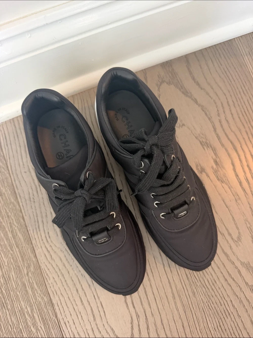 Women’s Chanel Black Athletic Sneakers with Cream Heel Accent Brand New